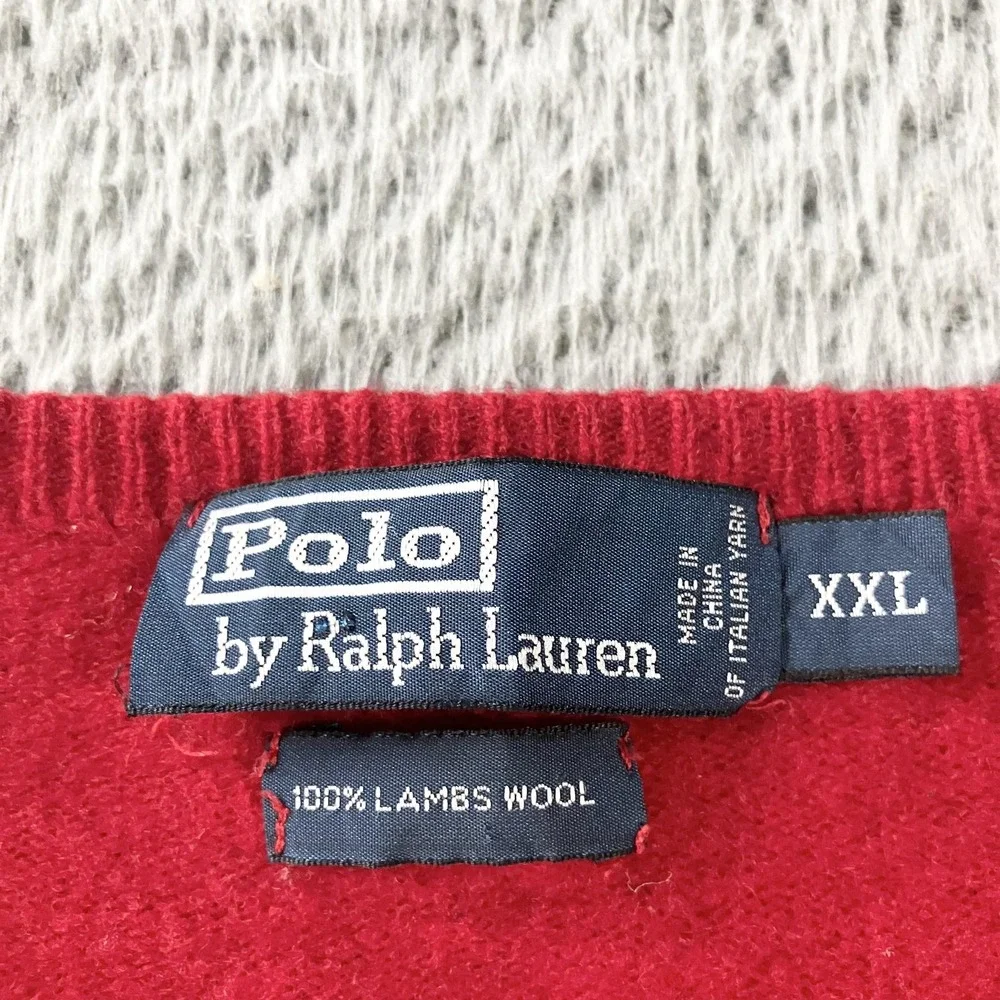 Polo Ralph Lauren Sweater Mens XXL Red 100% Lambswool V Neck‎ Pullover